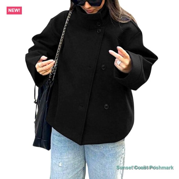Wool Blend Pea Coat Crop Jacket Loose Fit Winter Outwear